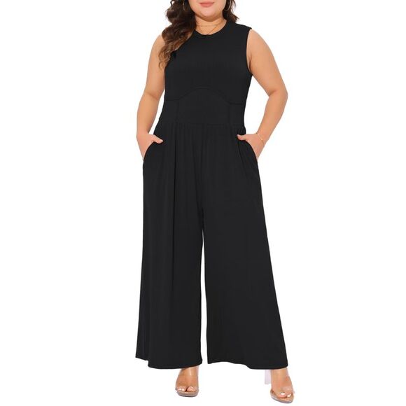 Plus Size Sleeveless Crew Neck Dressy Wide Leg with Pocket Rompers Black - Picture 1 of 6